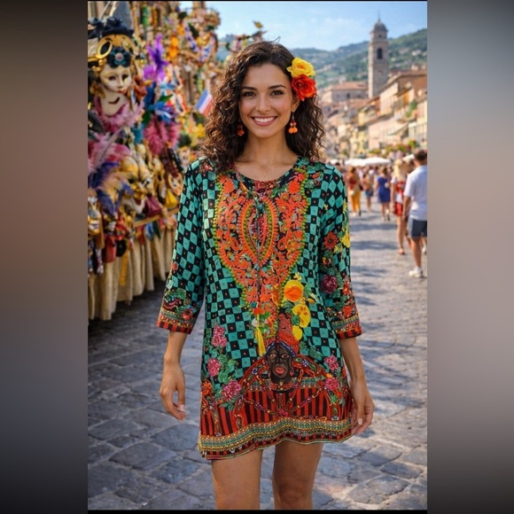 Antica Santoria Tops - Vintage Antica Santoria by Giacomo Cirque Vibrant  Embroidered Tunic Top M.
